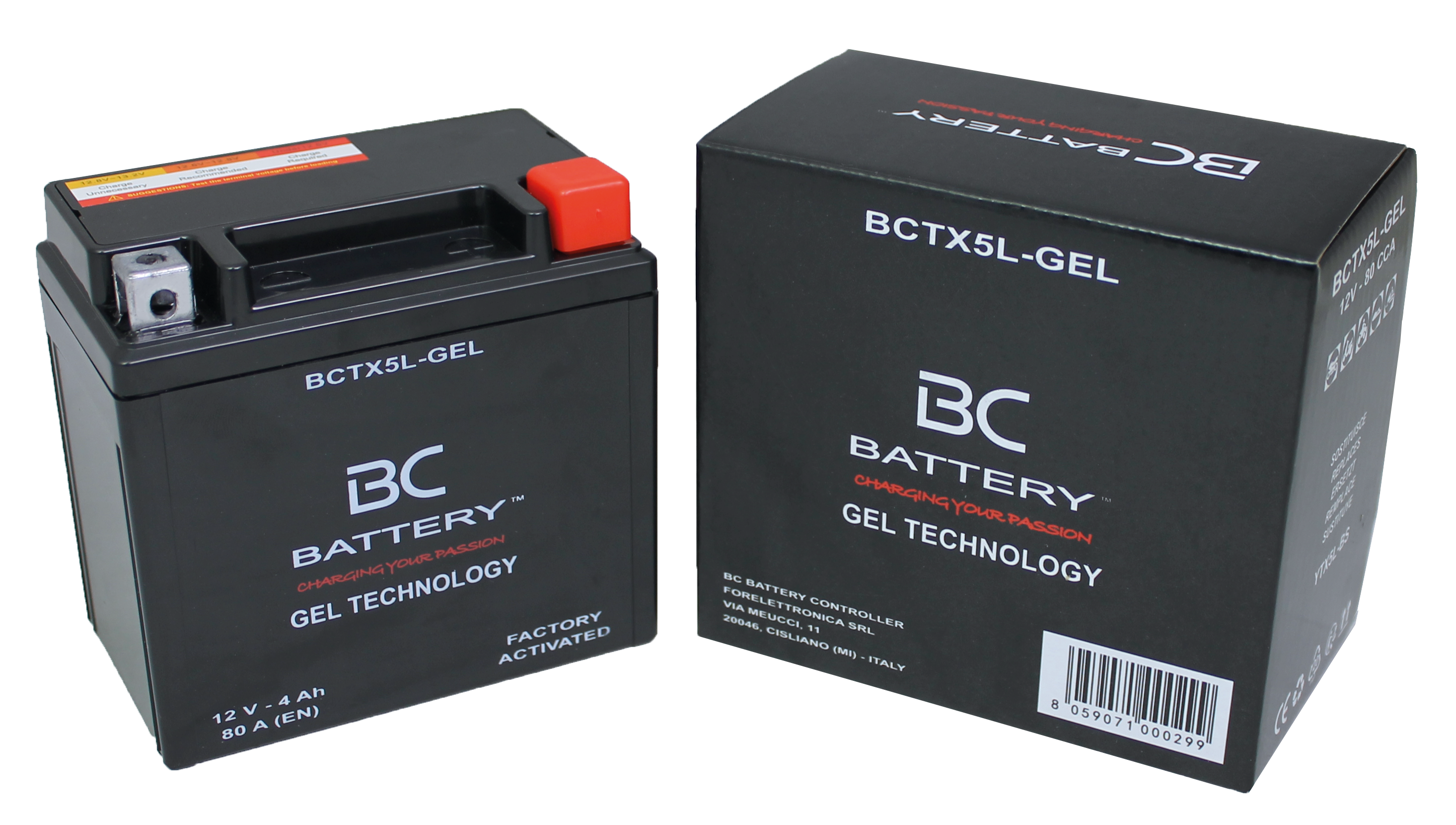 BCTX5L-GEL | Motorrad-GEL-Batterie, YTX5L-BS, 12V, 4Ah, Kaltstartstrom: 80 A, 113x70x105 mm – Offizielle italienische Website von BC Battery
