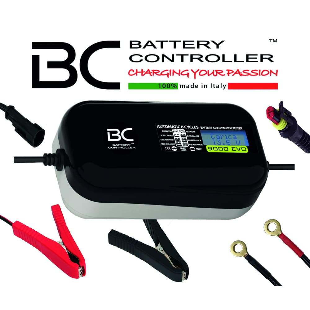 BC 9000 EVO DESIGN , 9 Amp / 1 Amp, Caricabatteria e Mantenitore Digitale/LCD, Tester di Batteria e Alternatore per tutte le batterie Auto, Moto, Camper & Nautica 12V