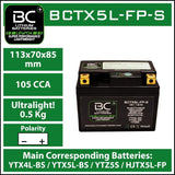 BC Lithium Batteries BCTX5L-FP Batteria Moto al Litio LiFePO4, 0,5 kg, 12V, HJTX5L-FP-S / YTX4L-BS / YTX5L-BS / YTZ5S - BC Battery Controller